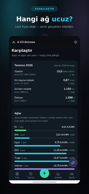 Karşılaştır: aylar ve şarj ağları yan yana